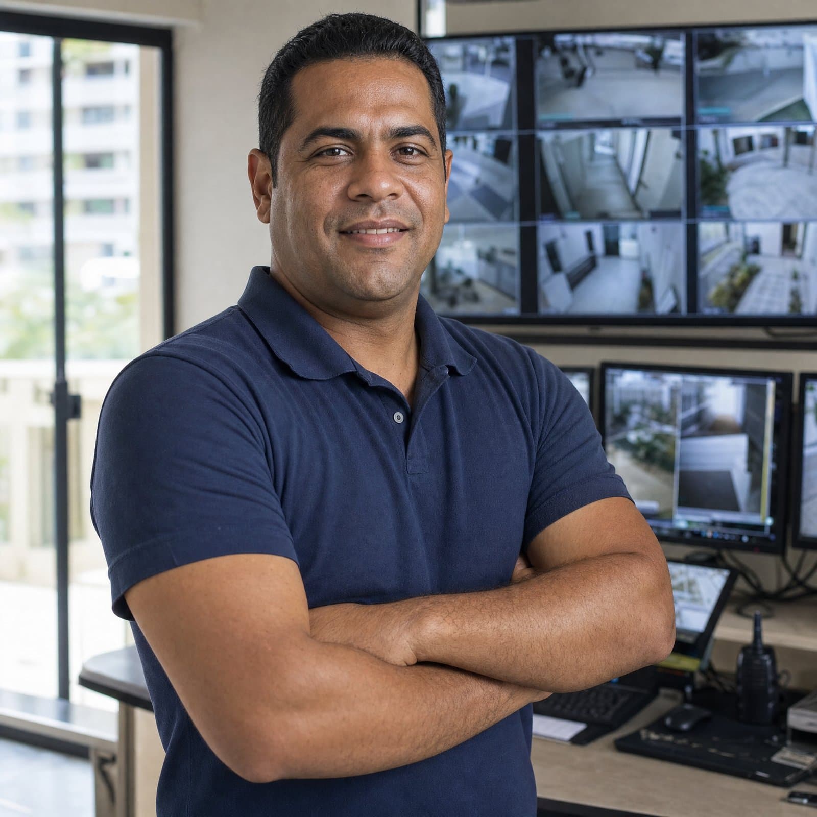 Técnico de segurança eletrônica em frente a um painel de monitoramento